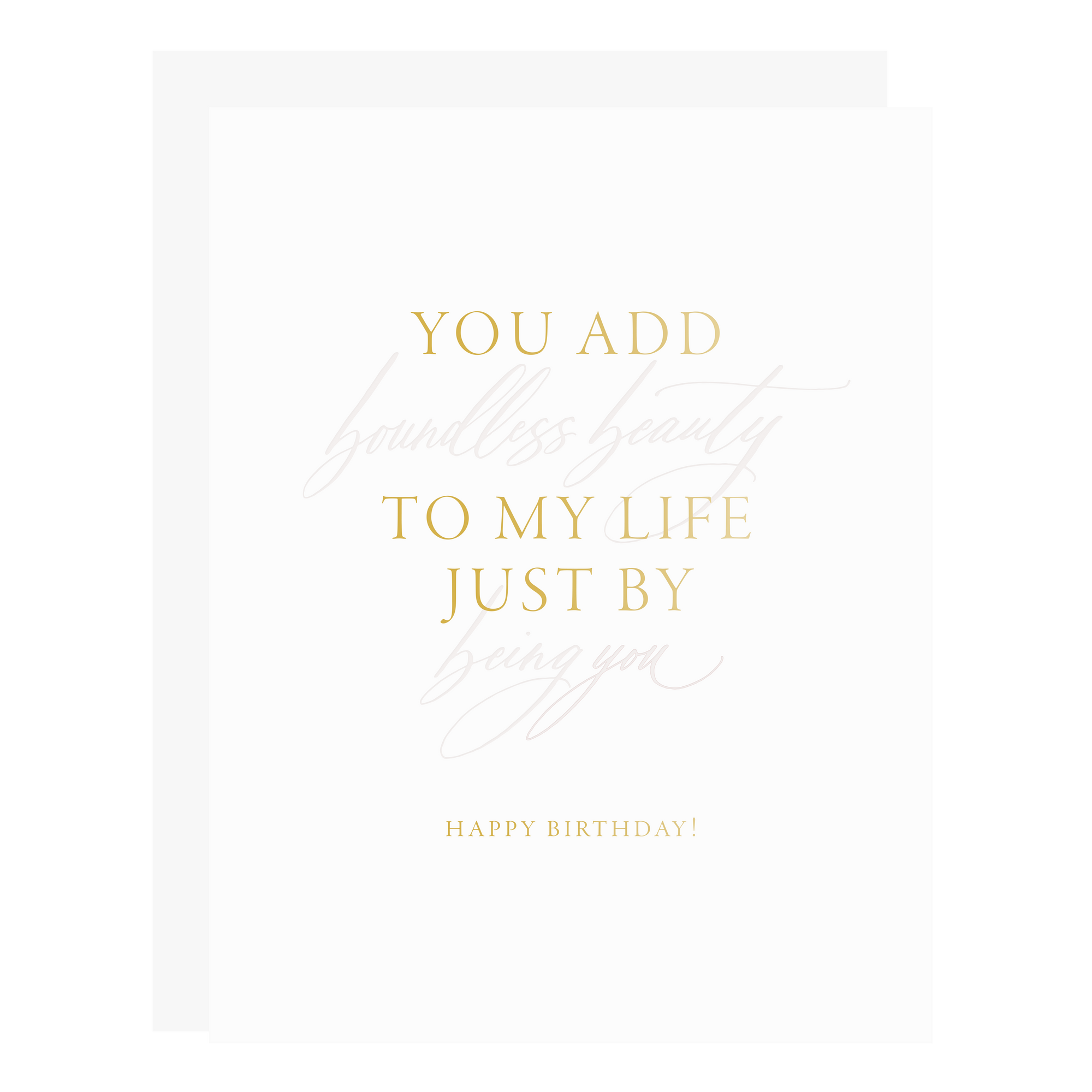 Our "Boundless Beauty" card, letterpress printed by hand in pale blush ink and gold foil.