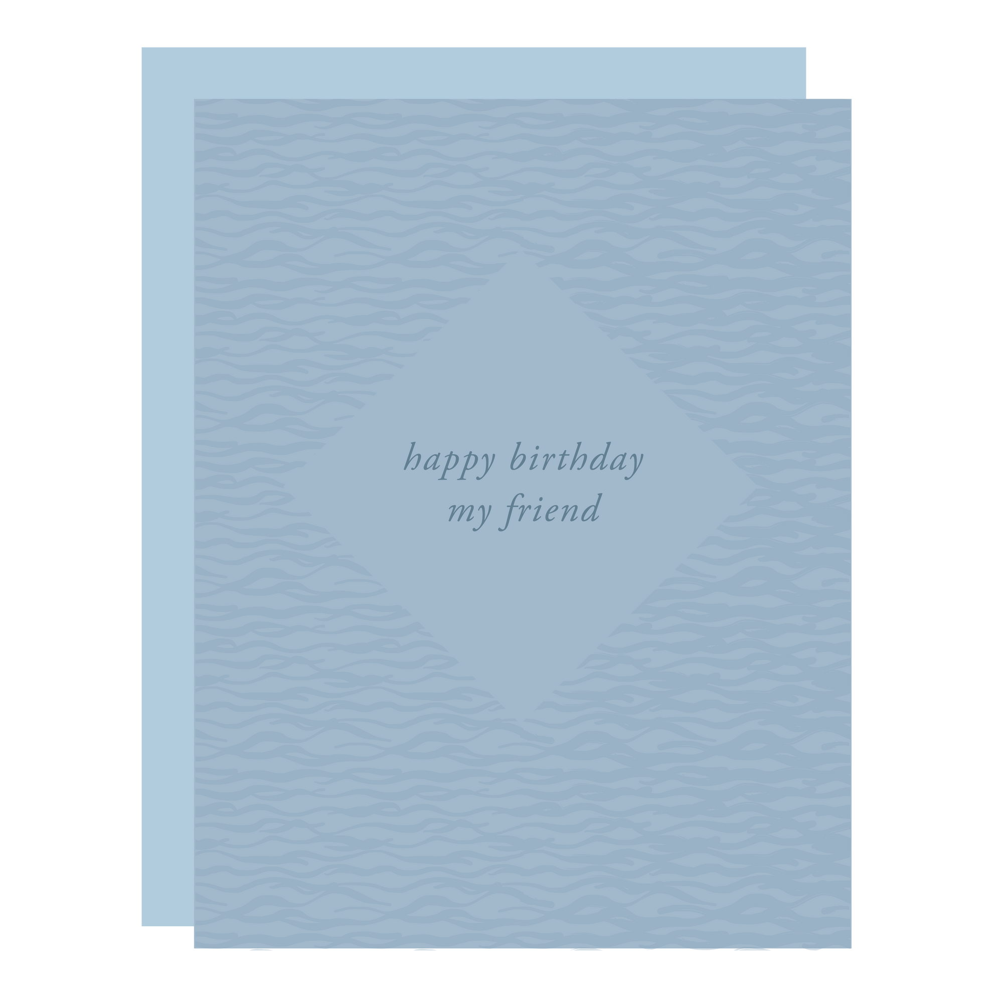 "Happy Birthday My Friend" birthday card, letterpress printed by hand on steel blue paper.