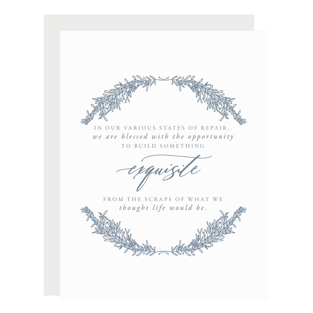"Exquisite Opportunity" card, letterpress printed by hand in dusty blue ink.