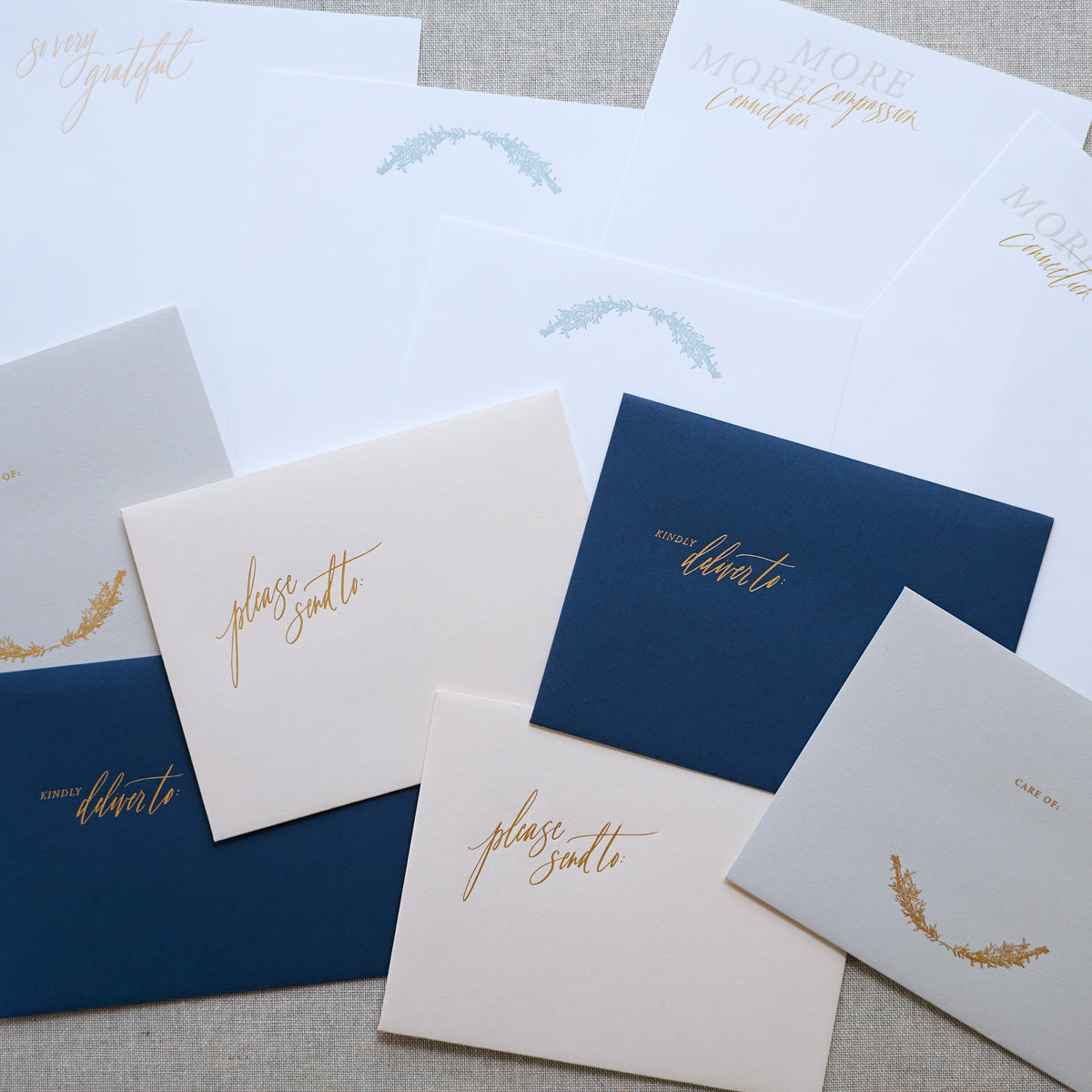 Variety of hand pressed stationery and matching envelopes.