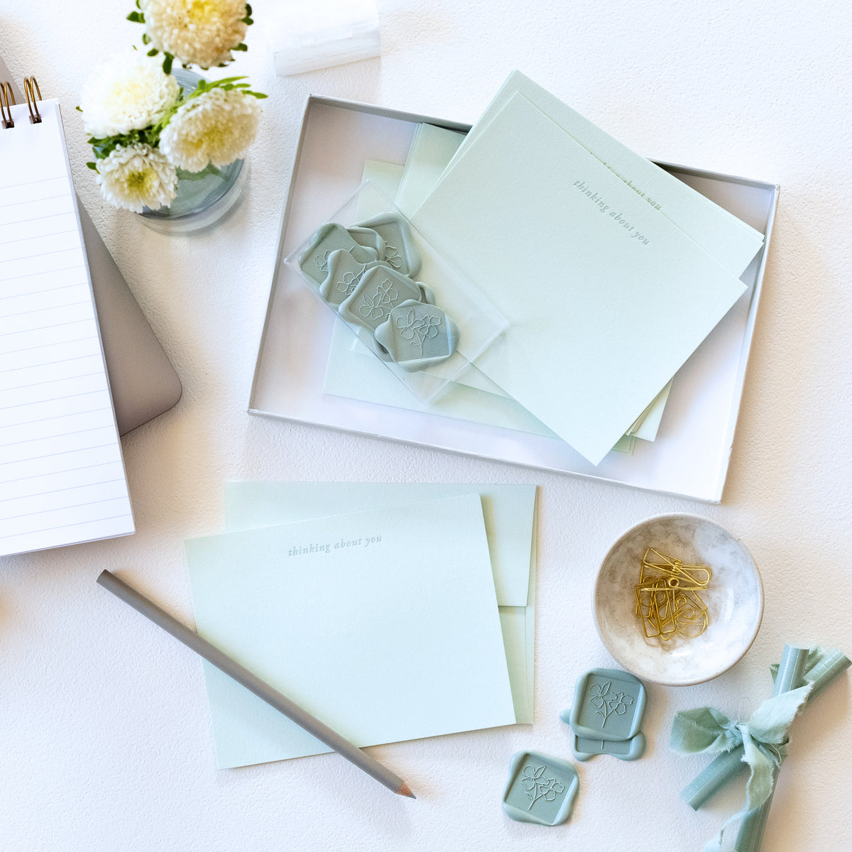 Our &quot;Thinking of You&quot; flat note stationery set includes a set of 6 hand printed cards and envelopes with 6 professional grade, self adhesive wax seals.