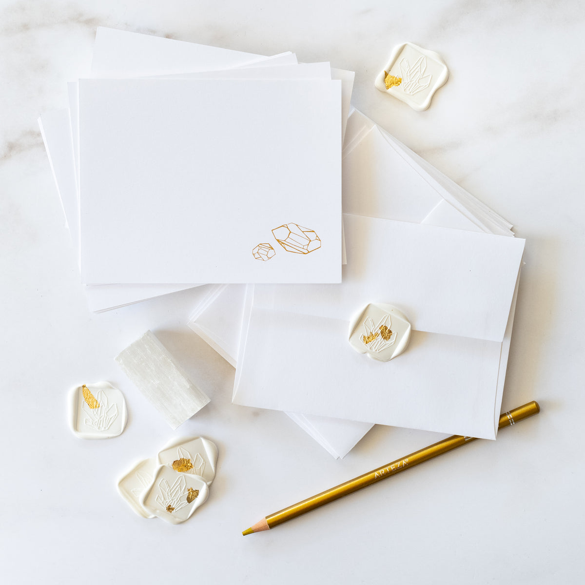 Our &quot;Gemstone&quot; flat note stationery set includes a set of 6 foil printed cards and envelopes with 6 professional grade, self adhesive wax seals.