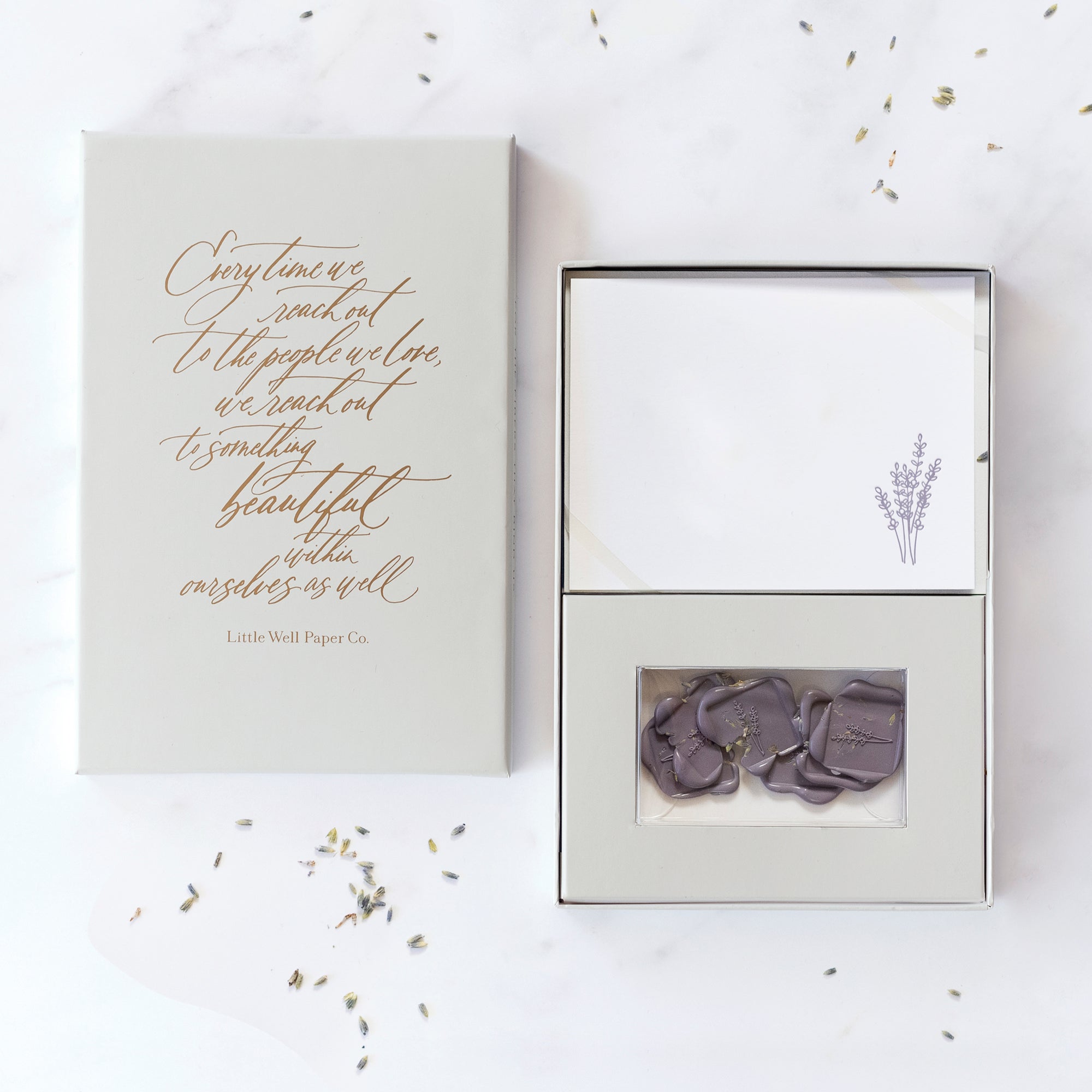 Our "Lavender" flat note stationery set includes a set of 6 hand printed cards and envelopes with 6 professional grade, self adhesive wax seals.