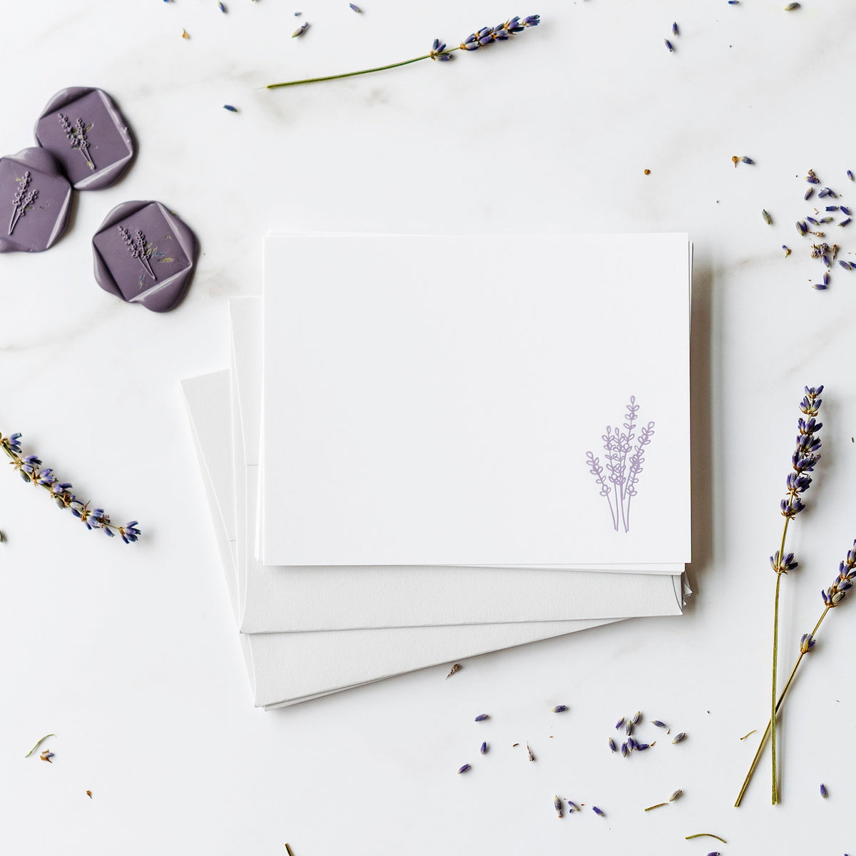 Our &quot;Lavender&quot; flat note stationery set includes a set of 6 hand printed cards and envelopes with 6 professional grade, self adhesive wax seals.