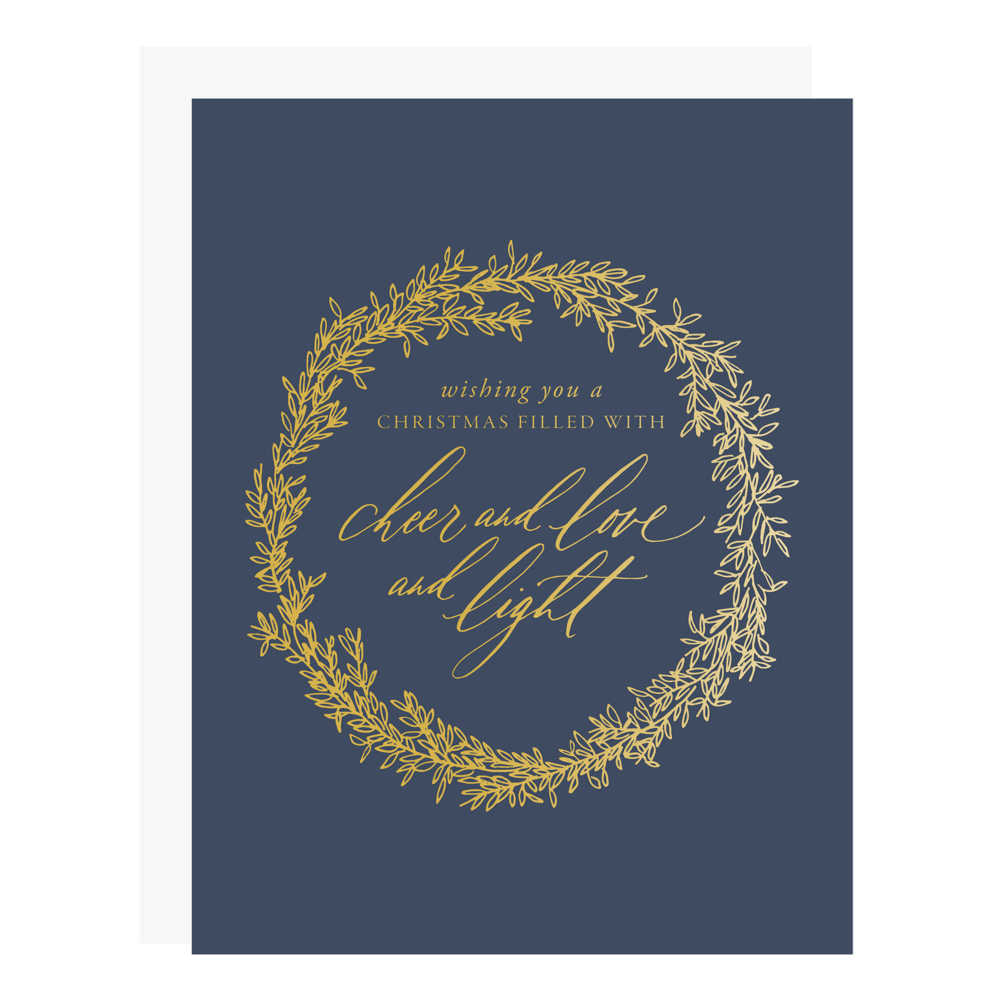 "Cheer, Love, and Light" Christmas card, letterpress printed by hand in gold foil. 