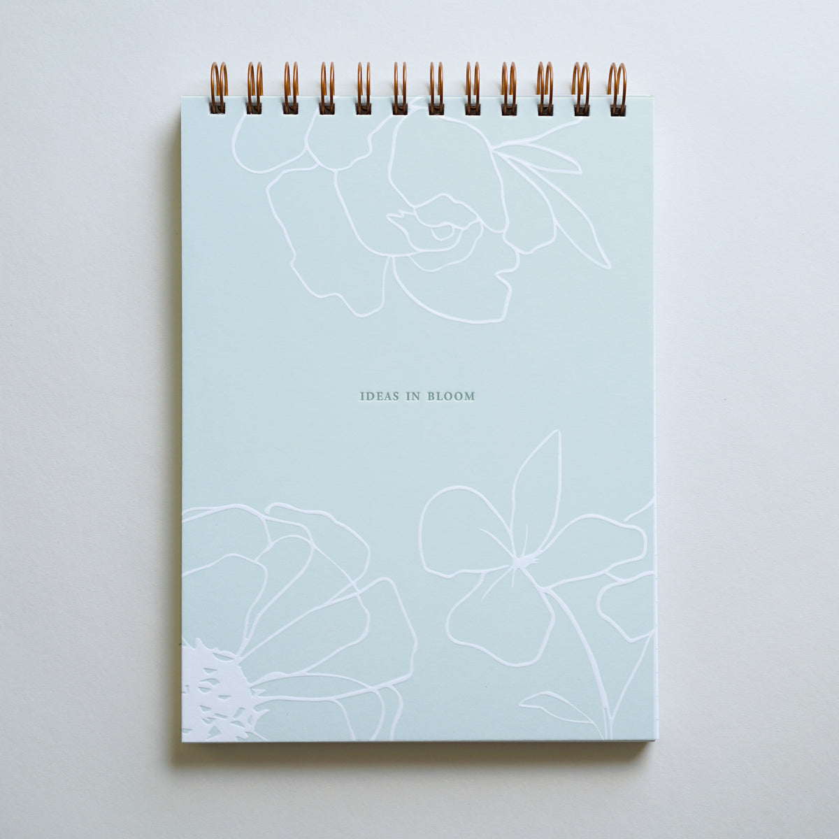 &quot;Ideas In Bloom&quot; lined notebook, letterpress printed by hand in sage ink.