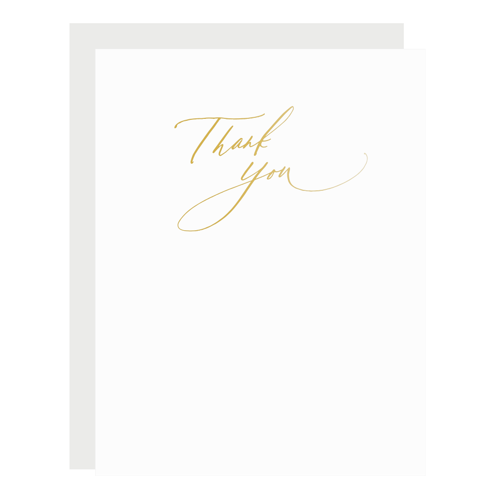 &quot;Scripted Thank You, Gold&quot; card, letterpress printed by hand in gold foil.