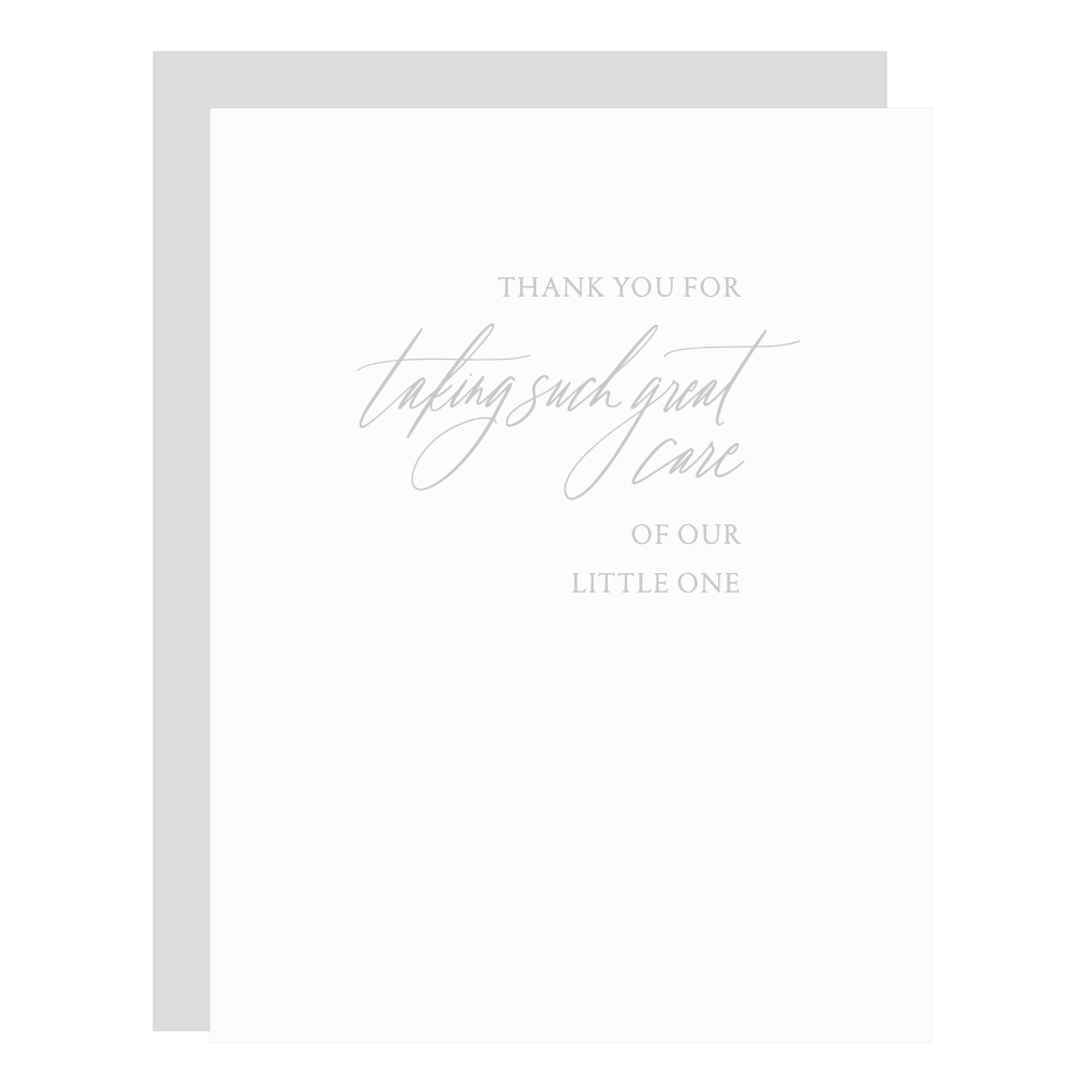 "Such Great Care" card, letterpress printed by hand in pale grey ink.
