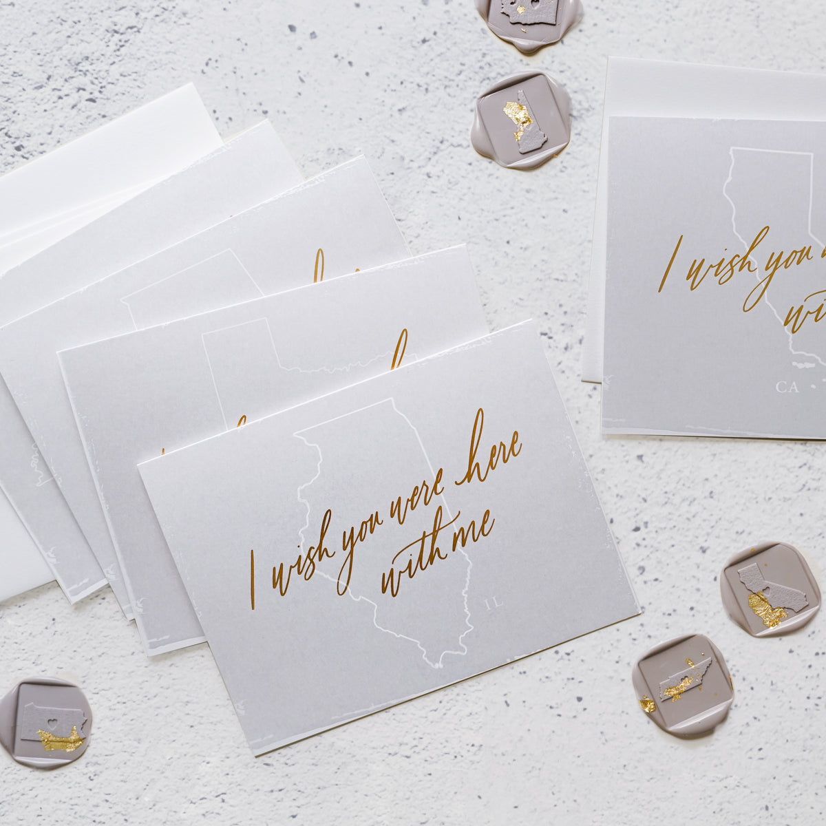 &quot;Wish You Were Here With Me - State Cards&quot; assorted, letterpress printed by hand with gold foil. 