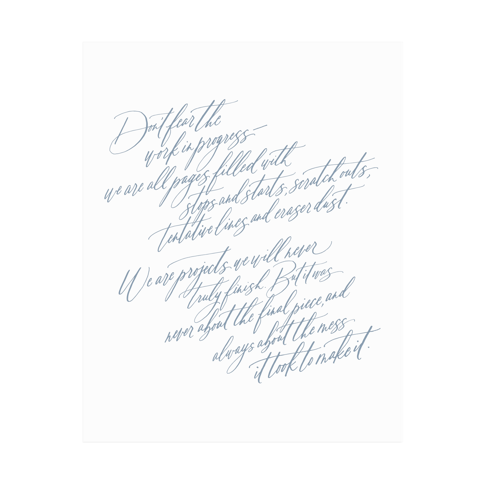 "Don't Fear the Work in Progress" art print, letterpress printed by hand in dusty blue ink. 