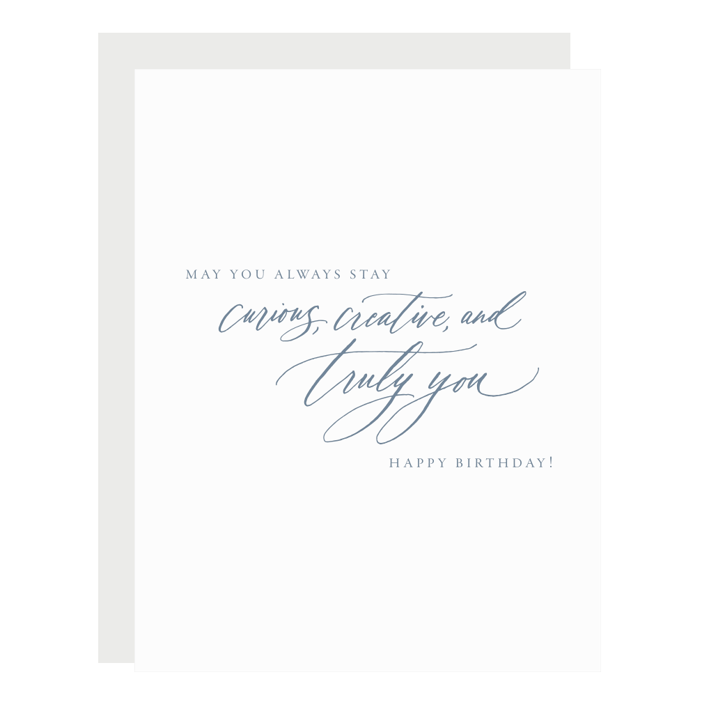 "Curious Creative You" card, letterpress printed by hand in dark dusty blue ink.