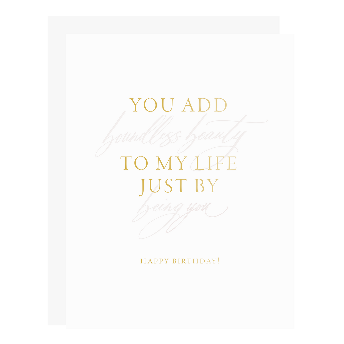 Our &quot;Boundless Beauty&quot; card, letterpress printed by hand in pale blush ink and gold foil.