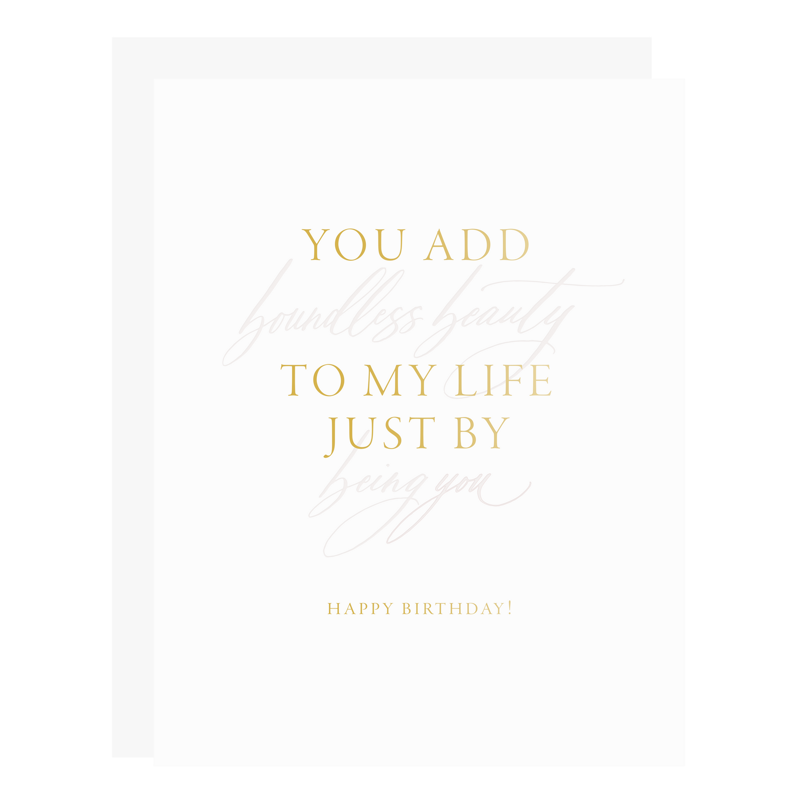 Our "Boundless Beauty" card, letterpress printed by hand in pale blush ink and gold foil.