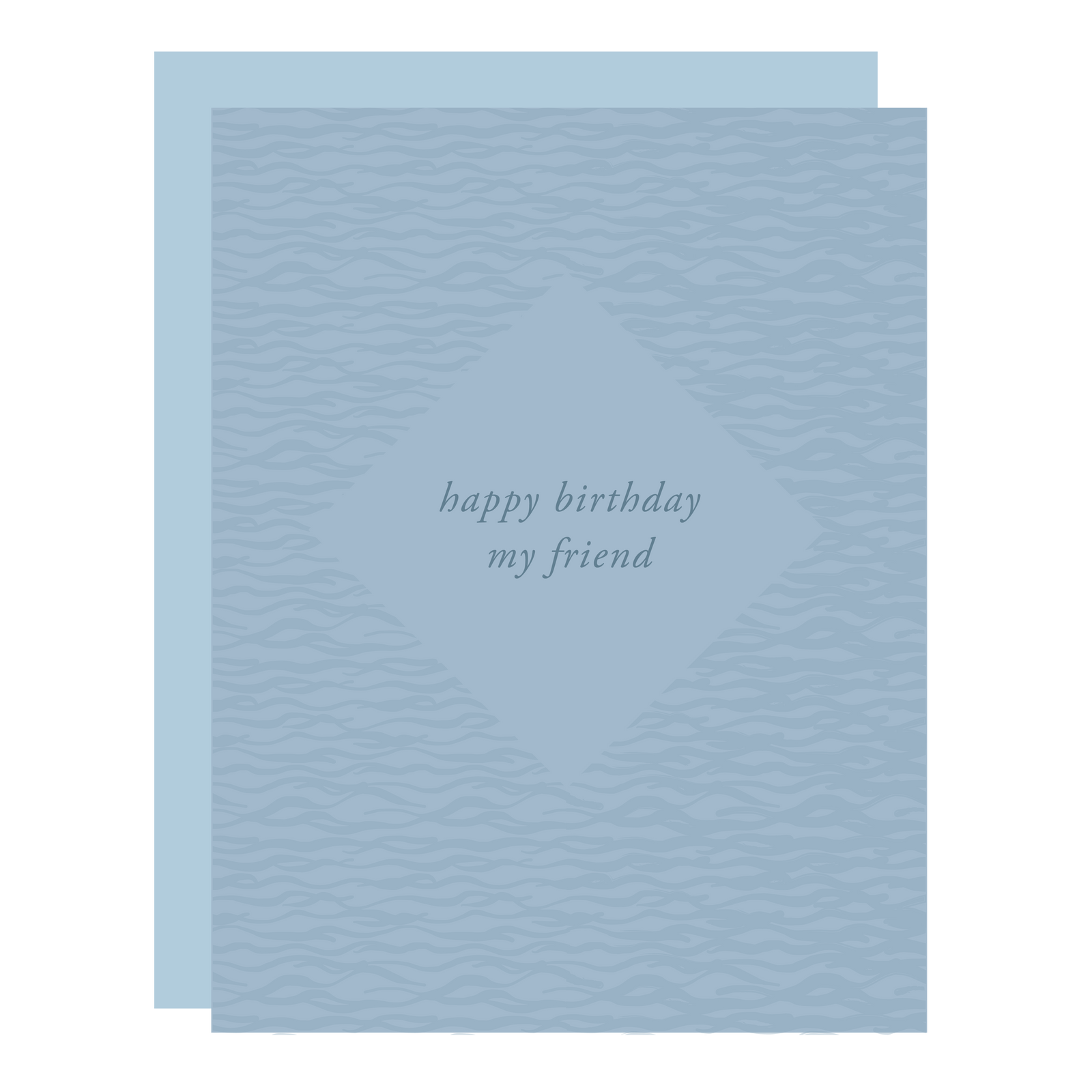 "Happy Birthday My Friend" birthday card, letterpress printed by hand on steel blue paper.