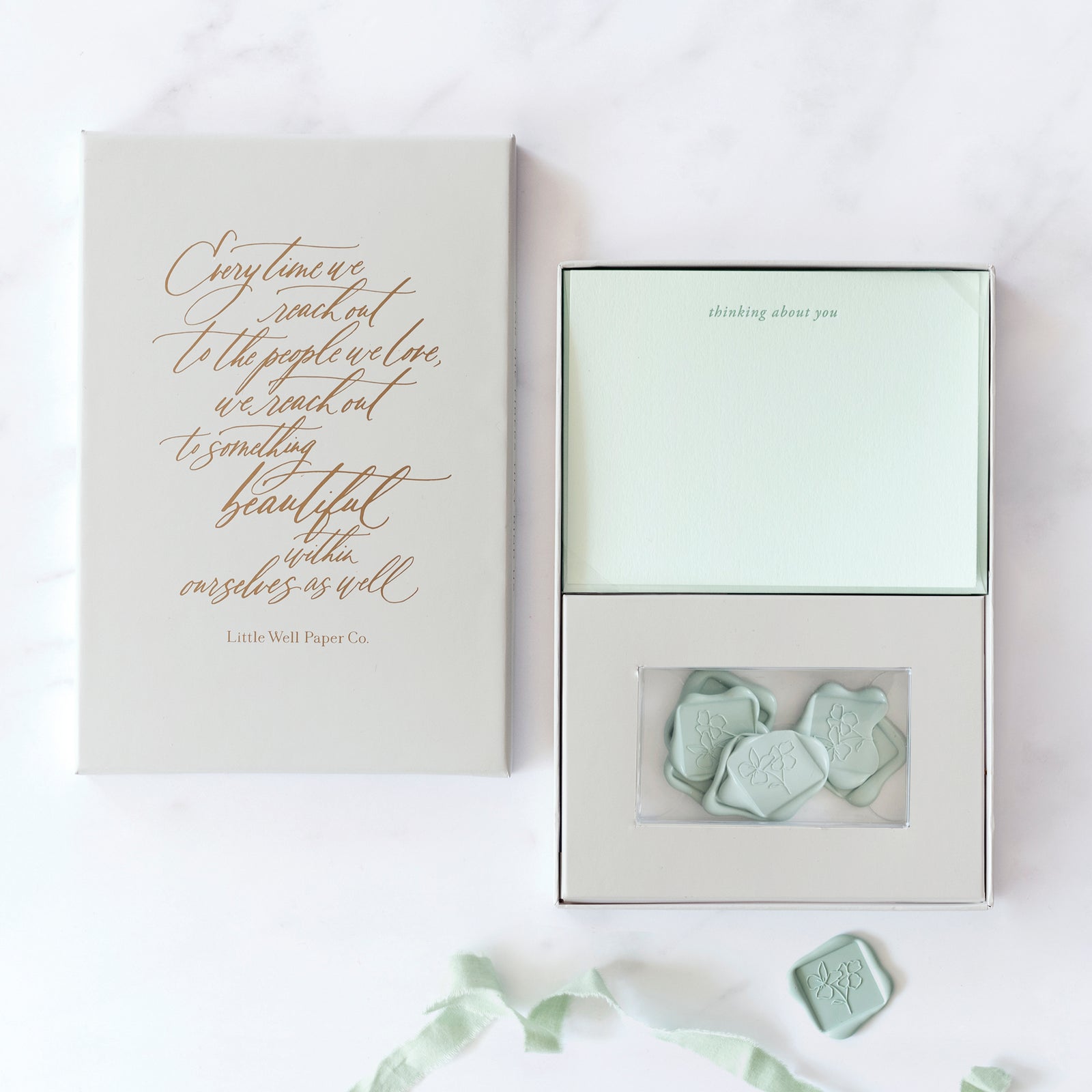 Our "Thinking of You" flat note stationery set includes a set of 6 hand printed cards and envelopes with 6 professional grade, self adhesive wax seals.