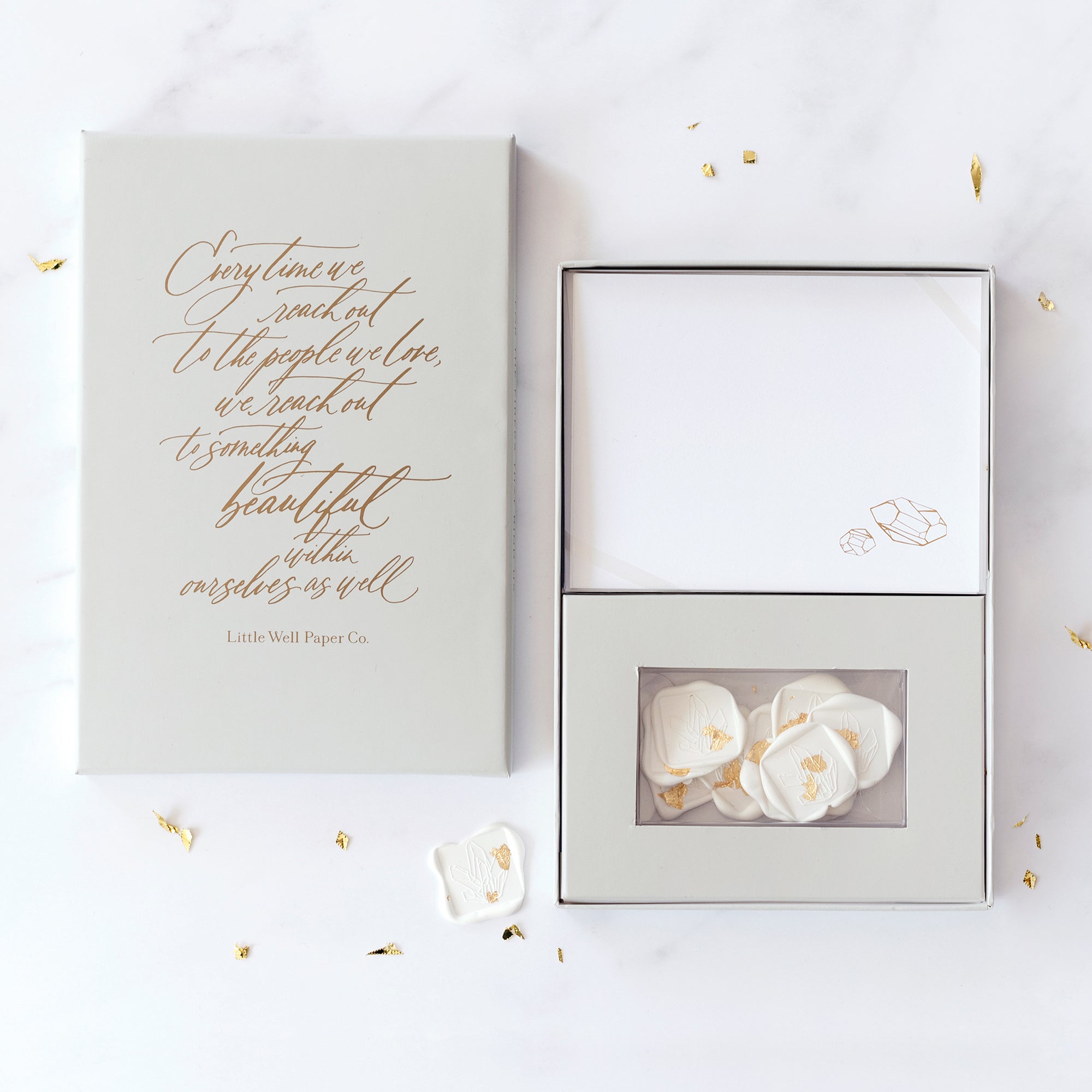 Our "Gemstone" flat note stationery set includes a set of 6 foil printed cards and envelopes with 6 professional grade, self adhesive wax seals.