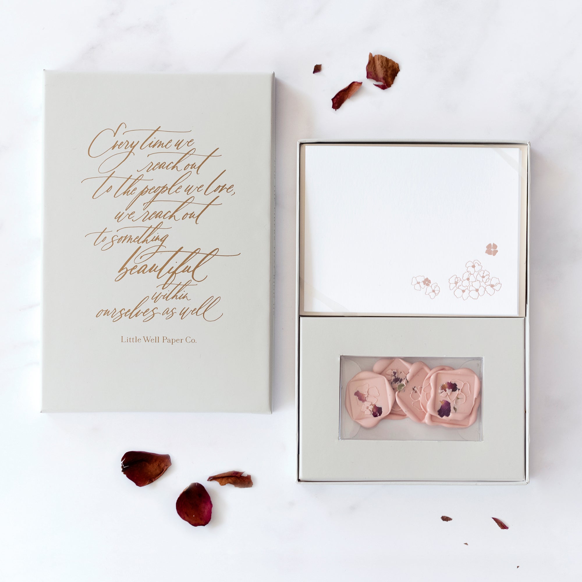 Our "Rose Petal" flat note stationery set includes a set of 6 hand printed cards and envelopes with 6 professional grade, self adhesive wax seals.