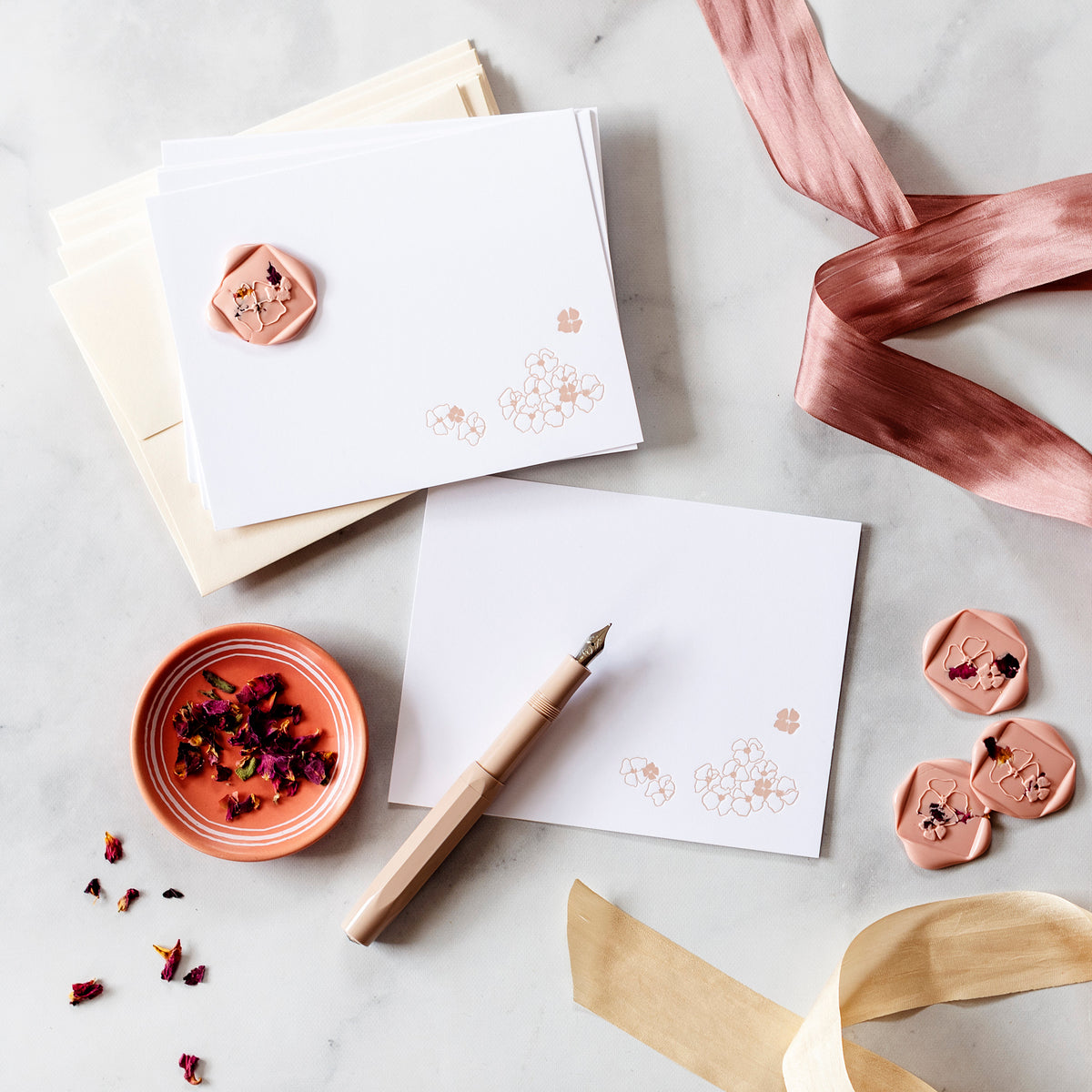 Our &quot;Rose Petal&quot; flat note stationery set includes a set of 6 hand printed cards and envelopes with 6 professional grade, self adhesive wax seals.