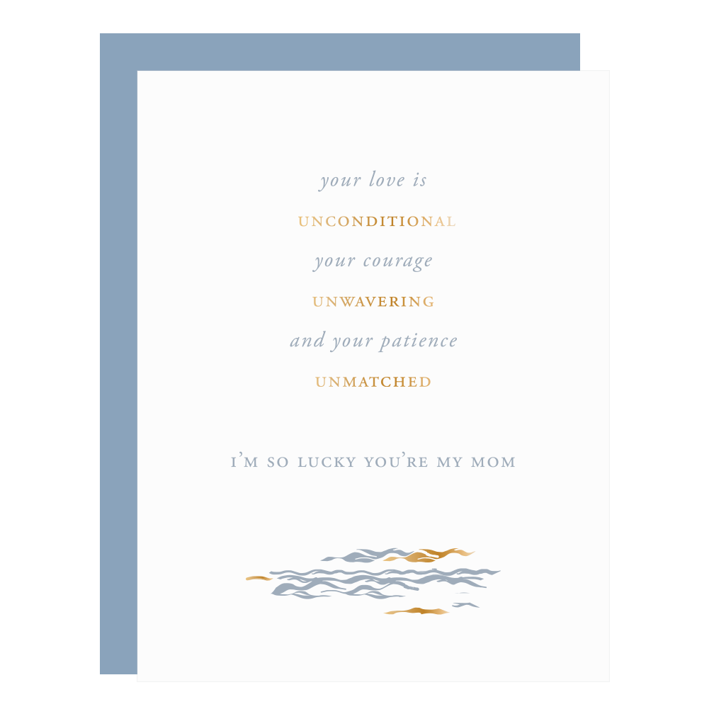 "Lucky You're My Mom" card, letterpress printed by hand in gold foil.