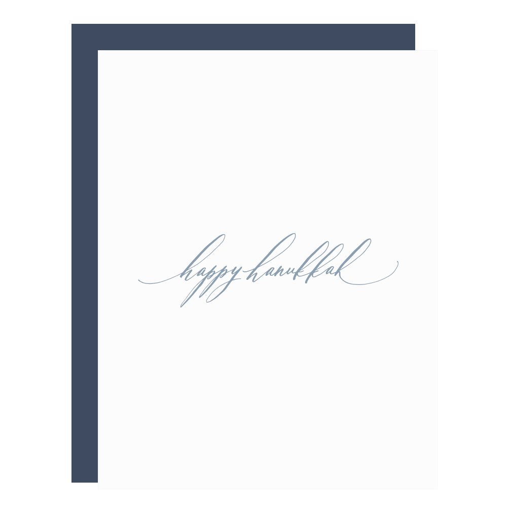 "Happy Hanukkah" card, letterpress printed by hand in dusty blue ink.