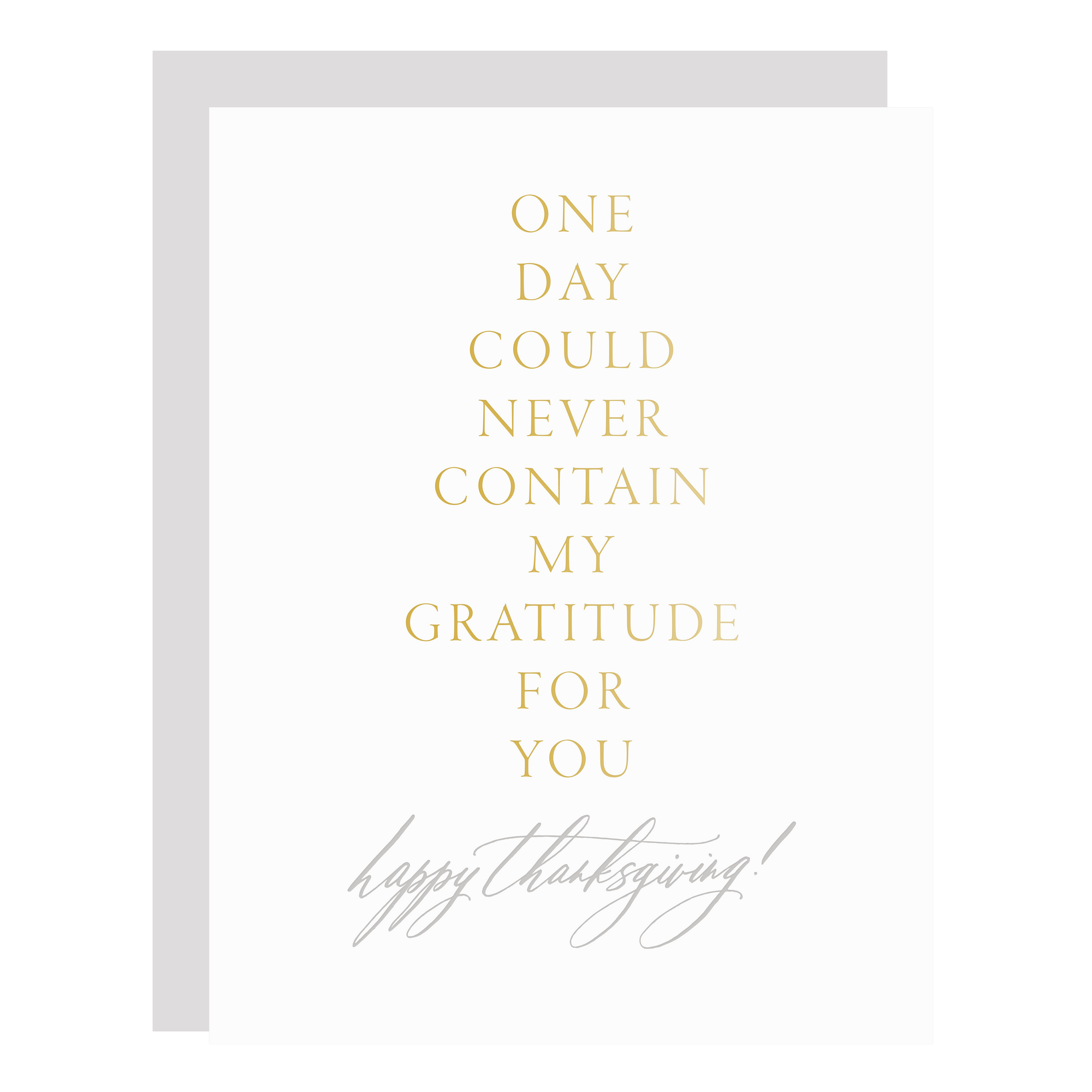 "Thanksgiving Gratitude" card, letterpress printed by hand in pale grey ink and gold foil
