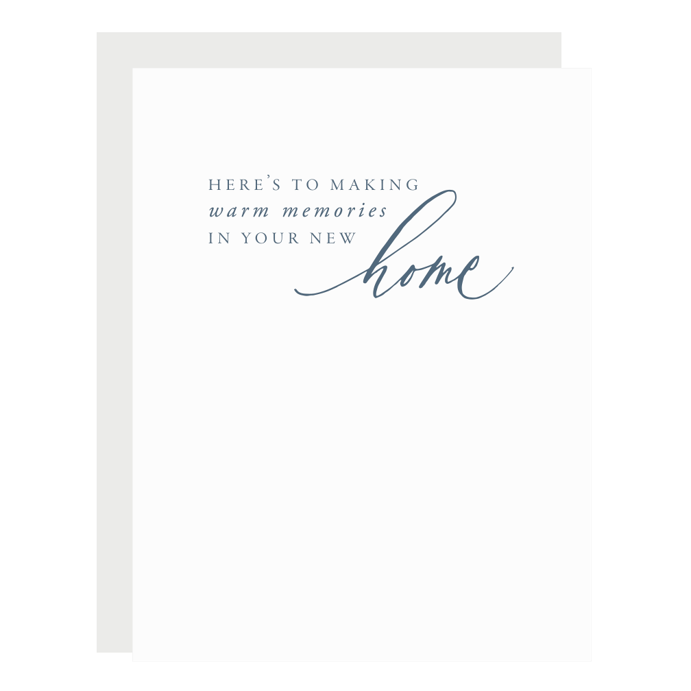 "Warm Memories in Your New Home" card, letterpress printed by hand in navy ink.