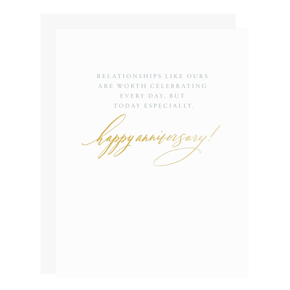 "Celebrate Every Day" anniversary card, letterpress printed by hand in cool grey ink and gold foil.