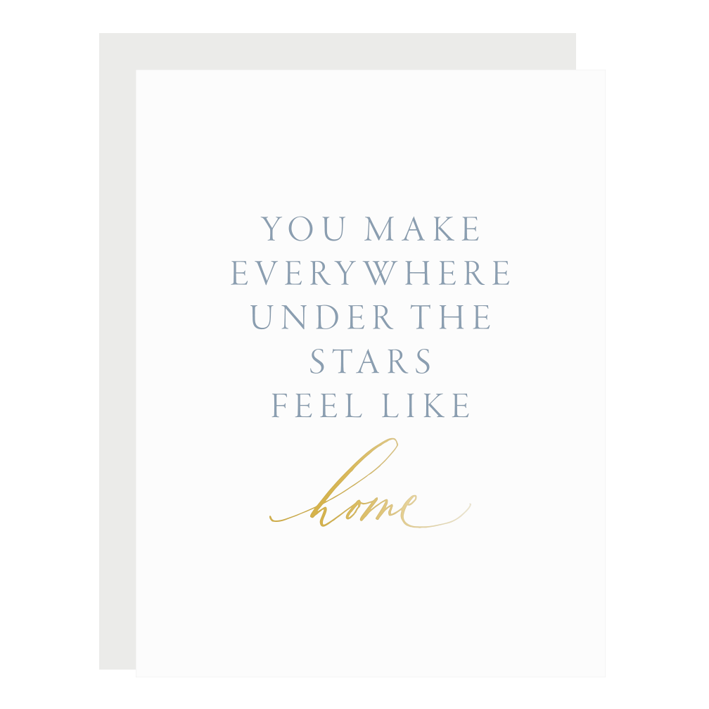  "Everywhere Under the Stars" card, letterpress printed by hand in dusty blue ink and gold foil.