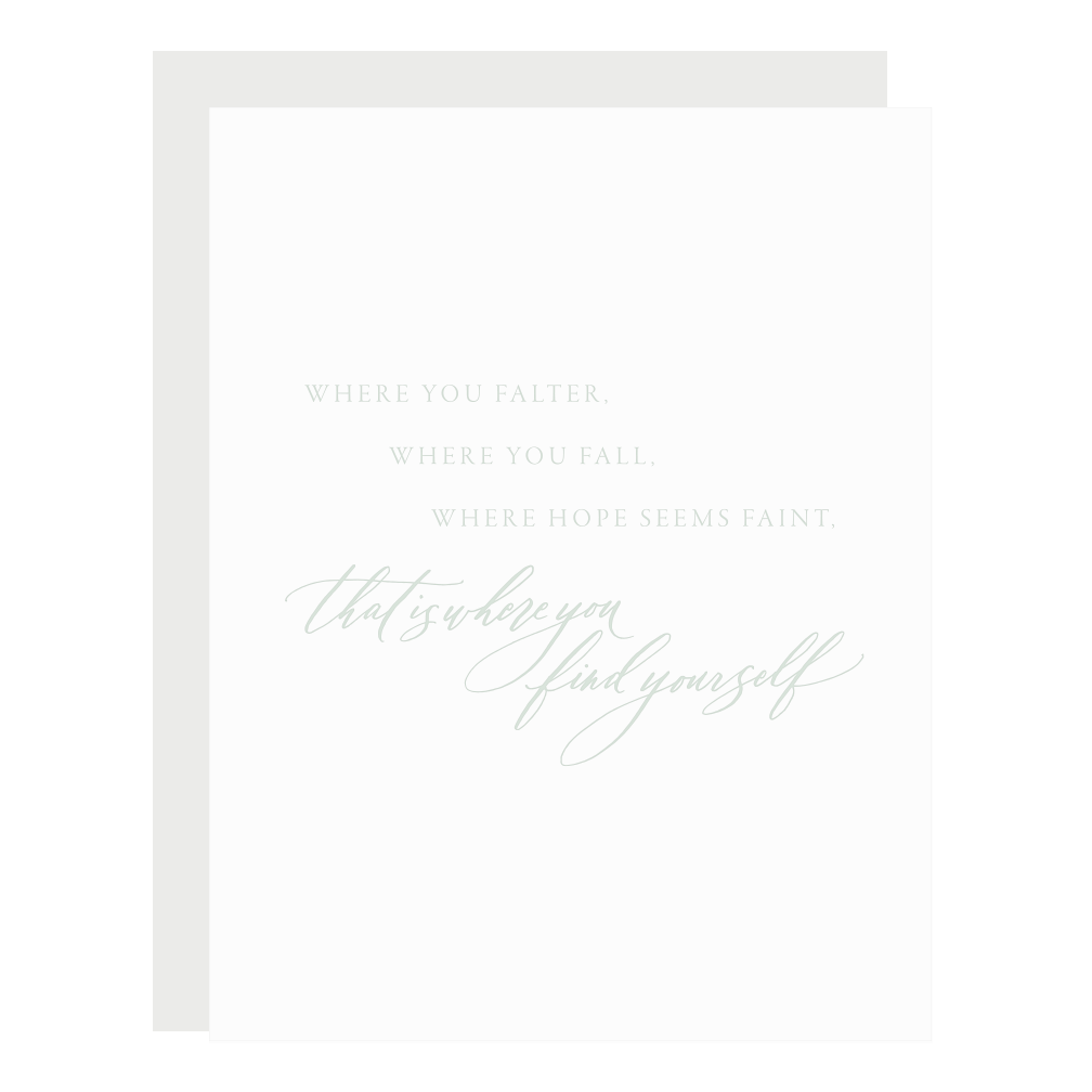 "Where You Find Yourself" card, letterpress printed by hand in soft green ink.
