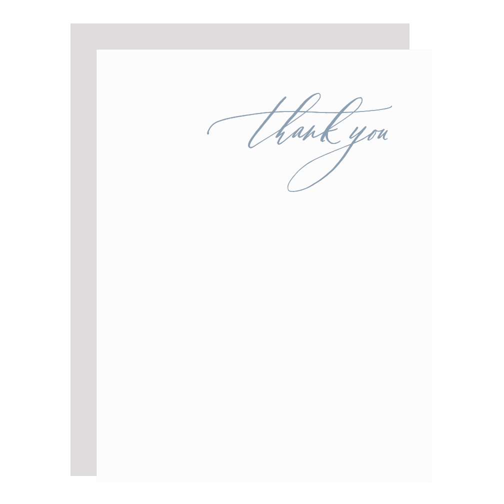&quot;Classic Thank You, Blue&quot; card, letterpress printed by hand in dusty blue ink.