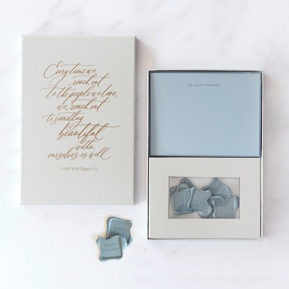 Our &quot;Many Thanks&quot; flat note stationery set includes a set of 6 hand printed cards and envelopes with 6 professional grade, self adhesive wax seals.