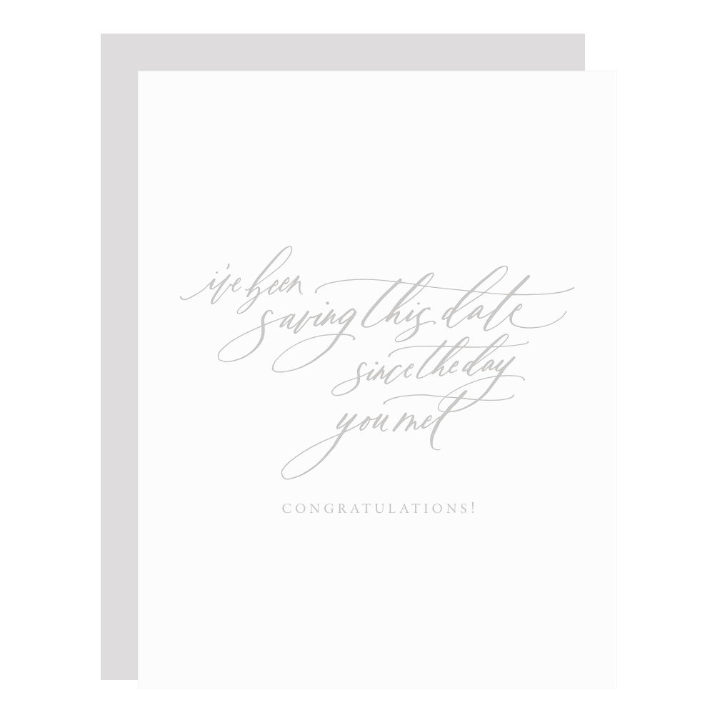 "Saving This Date" card, letterpress printed by hand in pale grey ink.